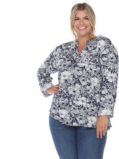 White Mark Plus Size Pleated Long Sleeve Floral Print Blouse product