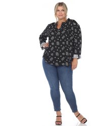 Plus Size Pleated Long Sleeve Leaf Print Blouse