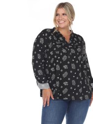 Plus Size Pleated Long Sleeve Leaf Print Blouse - Black