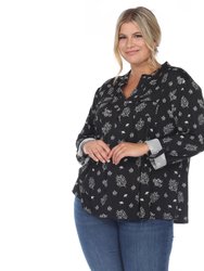 Plus Size Pleated Long Sleeve Leaf Print Blouse