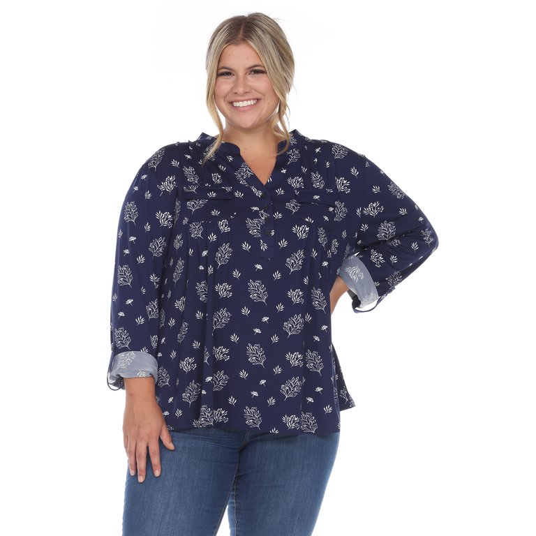 Plus Size Pleated Long Sleeve Leaf Print Blouse - Navy