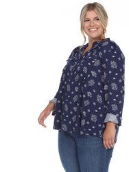 Plus Size Pleated Long Sleeve Leaf Print Blouse