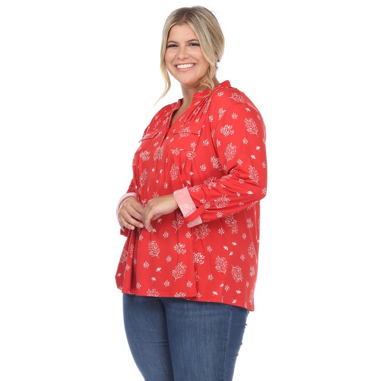 Plus Size Pleated Long Sleeve Leaf Print Blouse