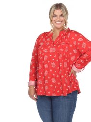 Plus Size Pleated Long Sleeve Leaf Print Blouse - Red