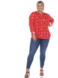 Plus Size Pleated Long Sleeve Leaf Print Blouse