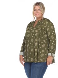 Plus Size Pleated Long Sleeve Leaf Print Blouse