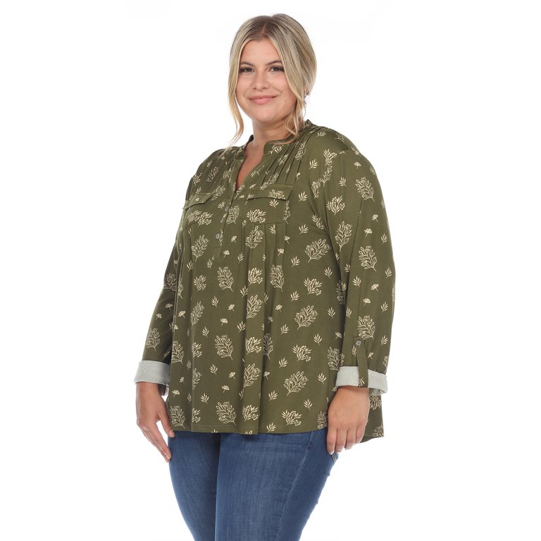 Plus Size Pleated Long Sleeve Leaf Print Blouse