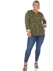 Plus Size Pleated Long Sleeve Leaf Print Blouse