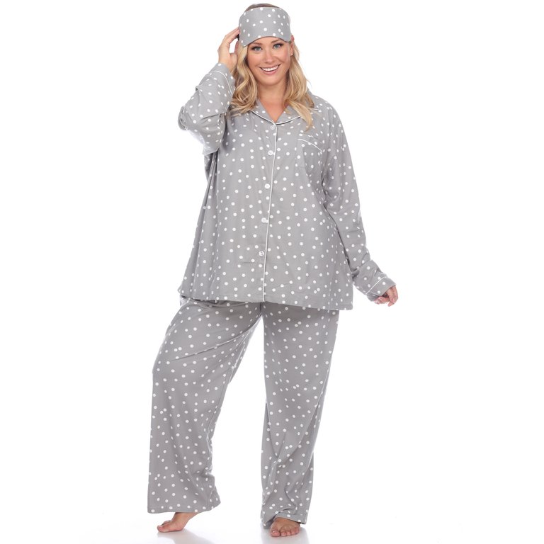 Plus Size Polka Dots Three-Piece Pajama Set - Grey Polka Dots