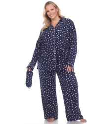 Plus Size Polka Dots Three-Piece Pajama Set - Navy Polka Dots