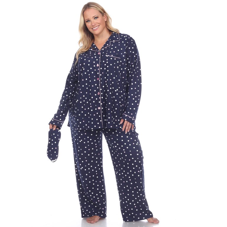 Plus Size Polka Dots Three-Piece Pajama Set - Navy Polka Dots