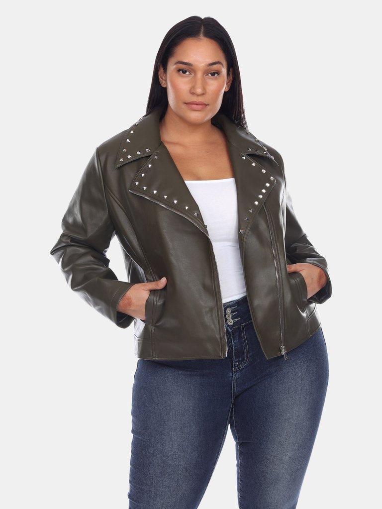 Plus Size PU Faux Leather Jacket - Green