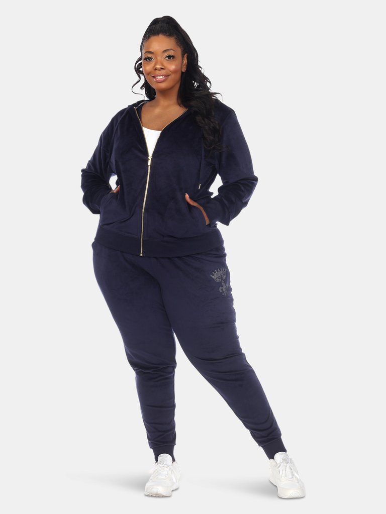 Plus Size Rhinestone 2 Piece Velour Tracksuit Set - Blue