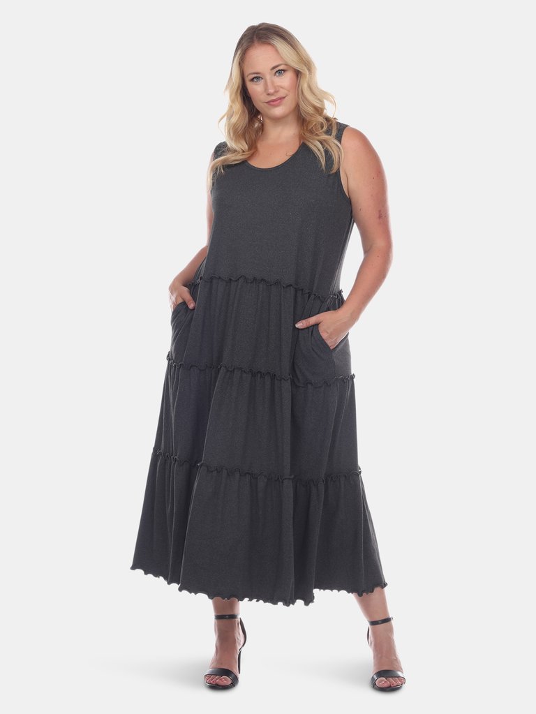 Plus Size Scoop Neck Tiered Midi Dress - Charcoal