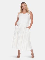 Plus Size Scoop Neck Tiered Midi Dress - White