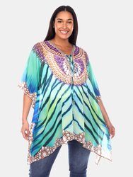 Plus Size Short Caftan with Tie-up Neckline - Green