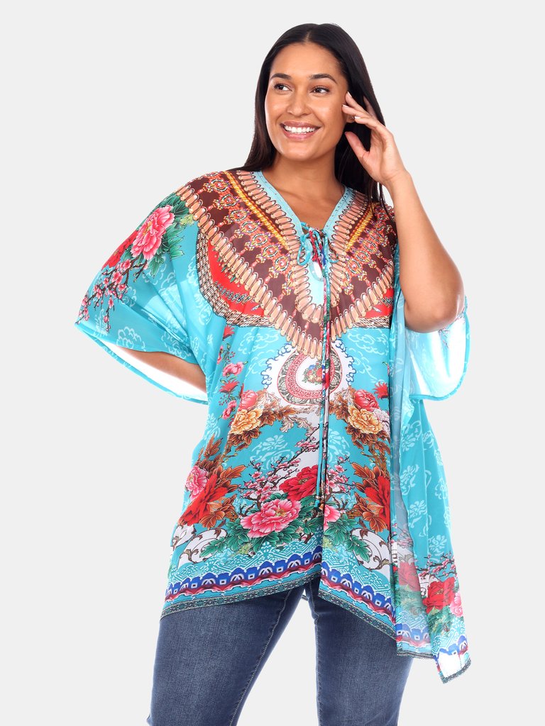 Plus Size Short Caftan with Tie-up Neckline - Blue