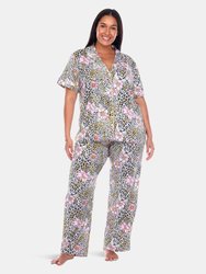 Plus Size Short Sleeve & Pants Tropical Pajama Set - Leopard