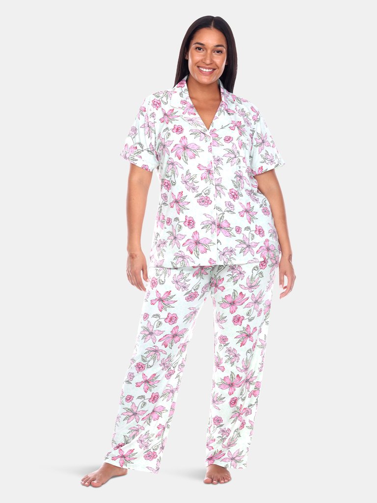 Plus Size Short Sleeve & Pants Tropical Pajama Set - Mint/Pink