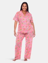 Plus Size Short Sleeve & Pants Tropical Pajama Set - Pink/Orange