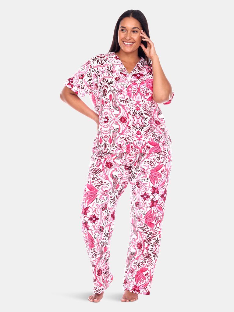 Plus Size Short Sleeve & Pants Tropical Pajama Set - White/Pink