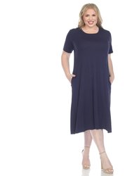 Plus Size Short Sleeve Pocket Swing Midi Dress - Navy