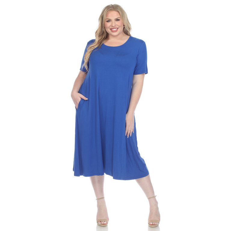 Plus Size Short Sleeve Pocket Swing Midi Dress - Royal