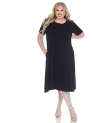 Plus Size Short Sleeve Pocket Swing Midi Dress - Black