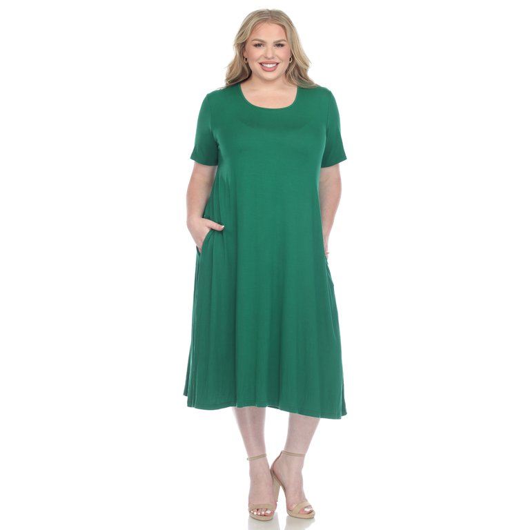 Plus Size Short Sleeve Pocket Swing Midi Dress - Green
