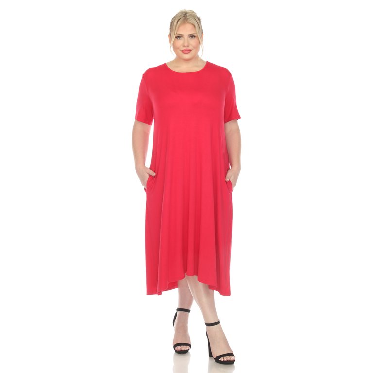 Plus Size Short Sleeve Pocket Swing Midi Dress - Hot Pink