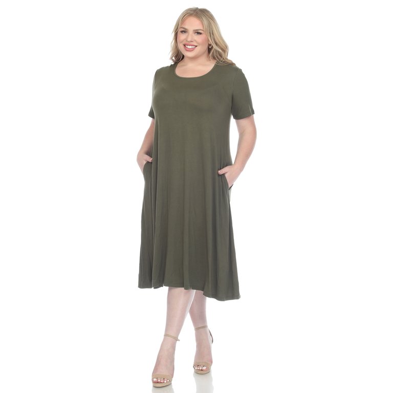 Plus Size Short Sleeve Pocket Swing Midi Dress - Olive