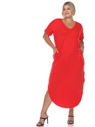 Plus Size Short Sleeve V-Neck Maxi Dress - Red