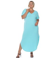 Plus Size Short Sleeve V-Neck Maxi Dress - Blue