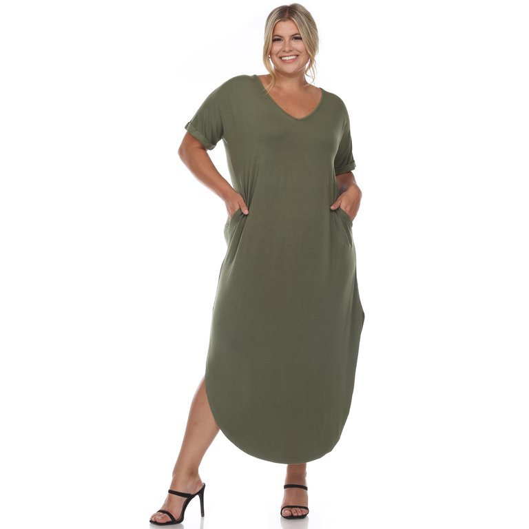 Plus Size Short Sleeve V-Neck Maxi Dress - Olive