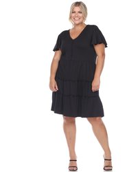 Plus Size Short Sleeve V-Neck Tiered Midi Dress - Black