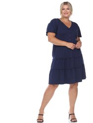Plus Size Short Sleeve V-Neck Tiered Midi Dress - Navy