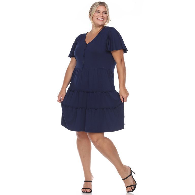 Plus Size Short Sleeve V-Neck Tiered Midi Dress