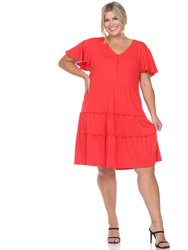 Plus Size Short Sleeve V-Neck Tiered Midi Dress - Red