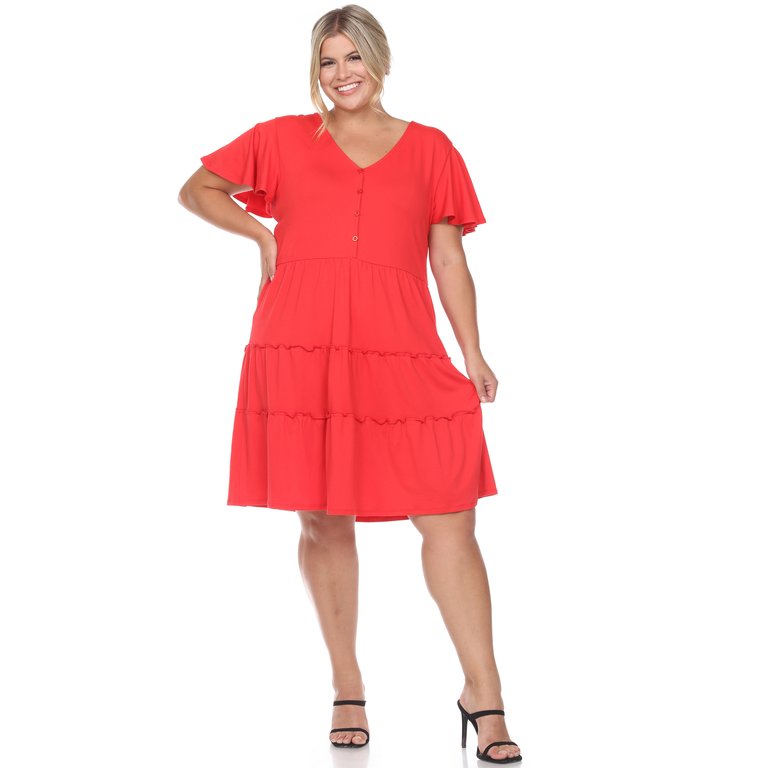 Plus Size Short Sleeve V-Neck Tiered Midi Dress - Red