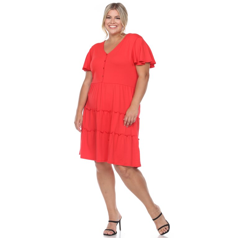 Plus Size Short Sleeve V-Neck Tiered Midi Dress