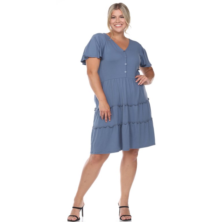 Plus Size Short Sleeve V-Neck Tiered Midi Dress - Blue