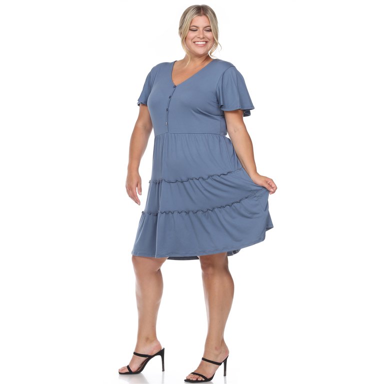 Plus Size Short Sleeve V-Neck Tiered Midi Dress