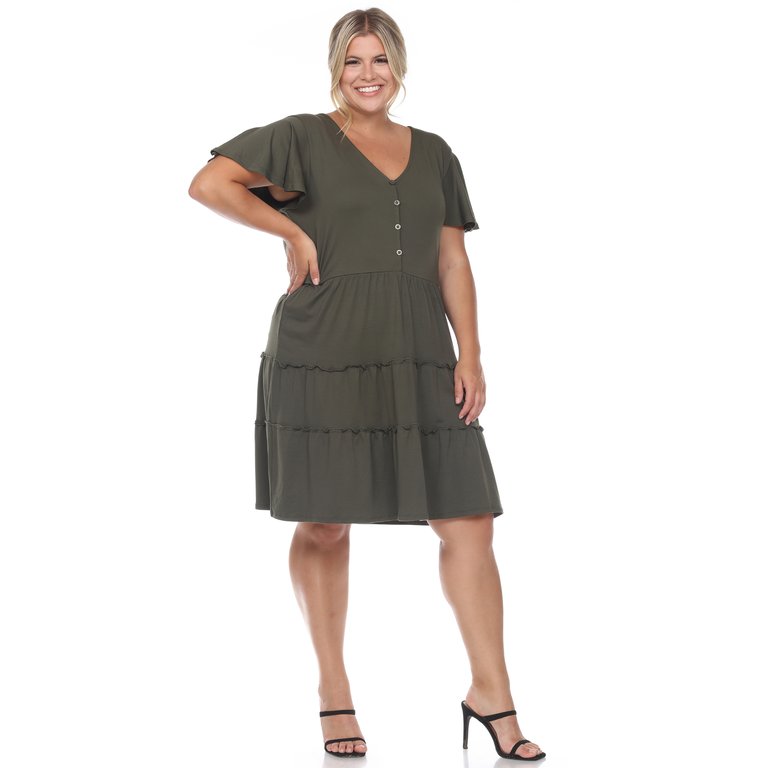Plus Size Short Sleeve V-Neck Tiered Midi Dress - Olive