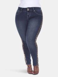 Plus Size Super Stretch Denim with Cheetah Pannel - Dark Wash Cheetah Stripe