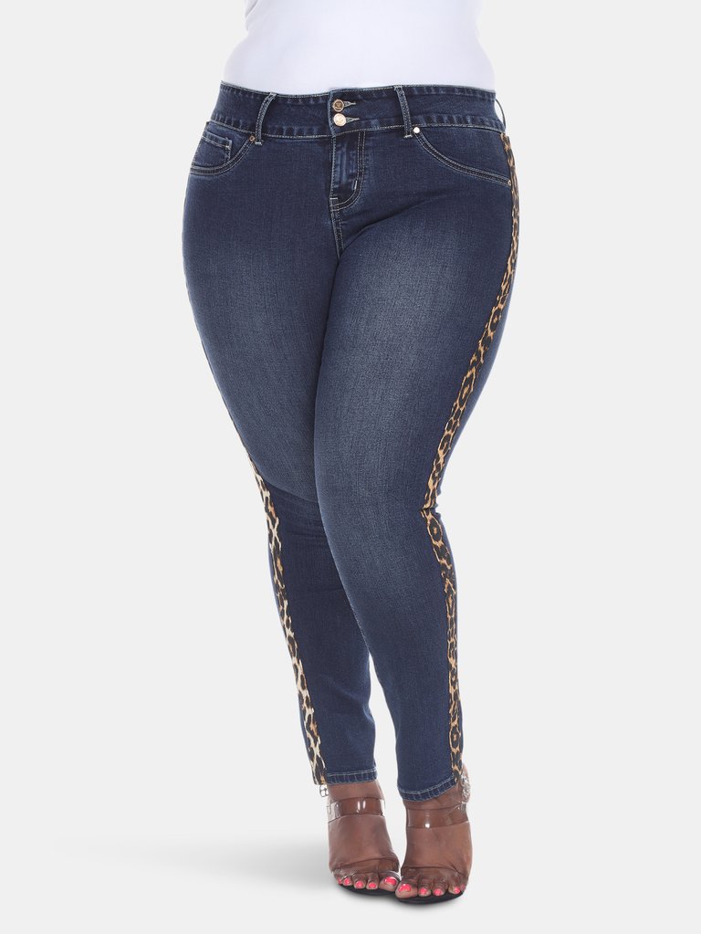 Plus Size Super Stretch Denim with Cheetah Pannel - Dark Wash Cheetah Stripe