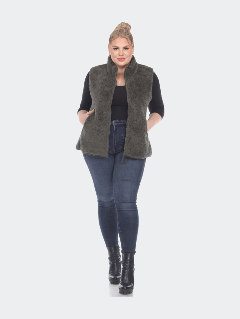 Plus Size Zip Up Sherpa Vest - Army Green