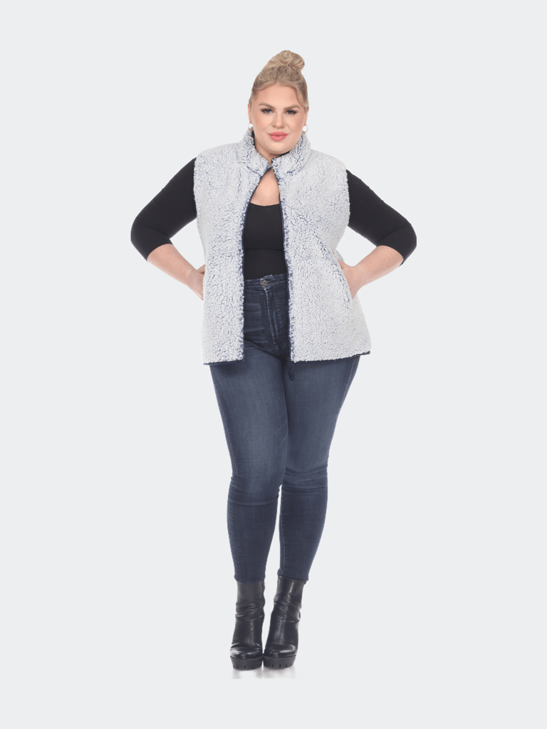 Plus Size Zip Up Sherpa Vest - Sheep Blue