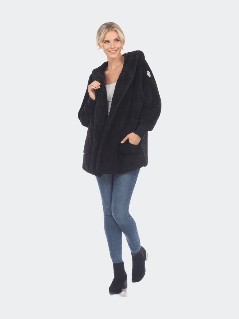 Plush Hooded Cardigan With Pockets - Black