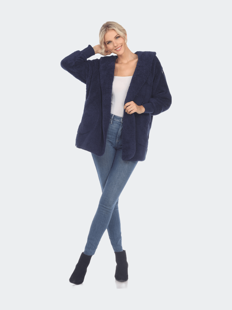 Plush Hooded Cardigan With Pockets - Navy