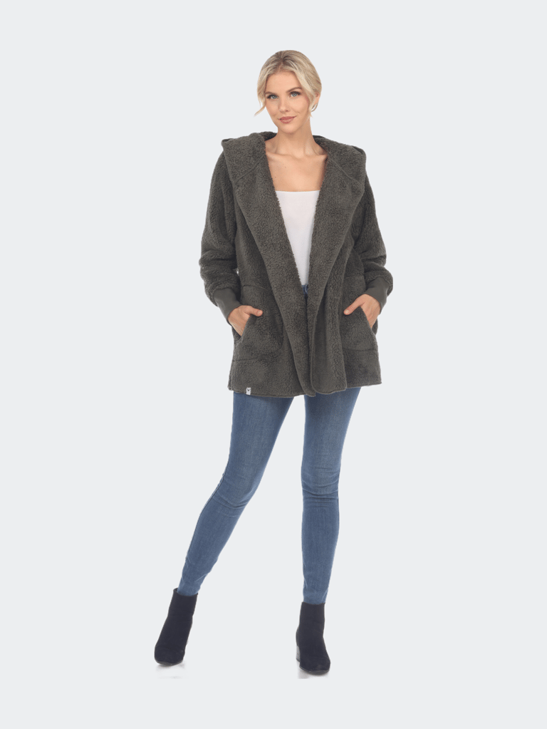 Plush Hooded Cardigan With Pockets - Army Green